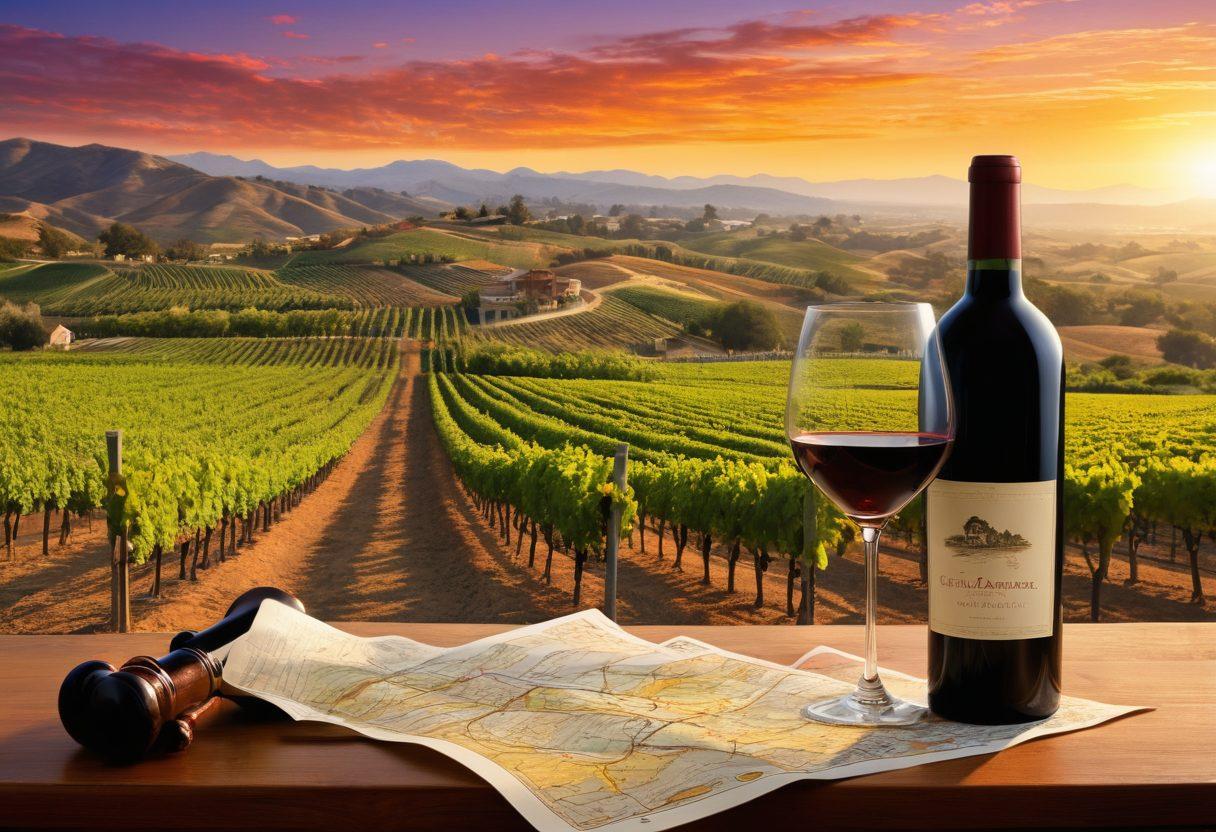 A detailed, artistic map of California, featuring rolling vineyards, wine bottles, and legal symbols like gavel and scales, intertwined with grapevines. In the foreground, a sommelier holding a glass of wine, engaged in discussion, against a backdrop of beautiful sunsets over vineyards. The overall atmosphere should convey a blend of allure and complexity, showcasing both the artistry of winemaking and the intricacies of wine law. vibrant colors. illustration.