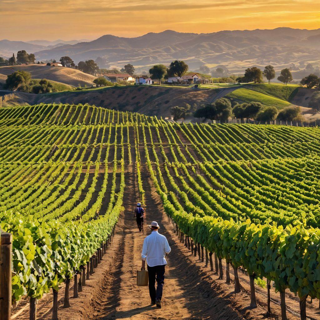 A picturesque California vineyard under a golden sunset, showcasing rows of grapevines with a backdrop of rolling hills. Include a subtle figure advocating with a clipboard, inspecting compliance documents, symbolizing the blend of nature and regulation. Enhance the image with the subtle inclusion of wine barrels in the foreground, representing the industry. The scene conveys hope and growth, echoing themes of sustainability and modern practices. super-realistic. vibrant colors. 3D.
