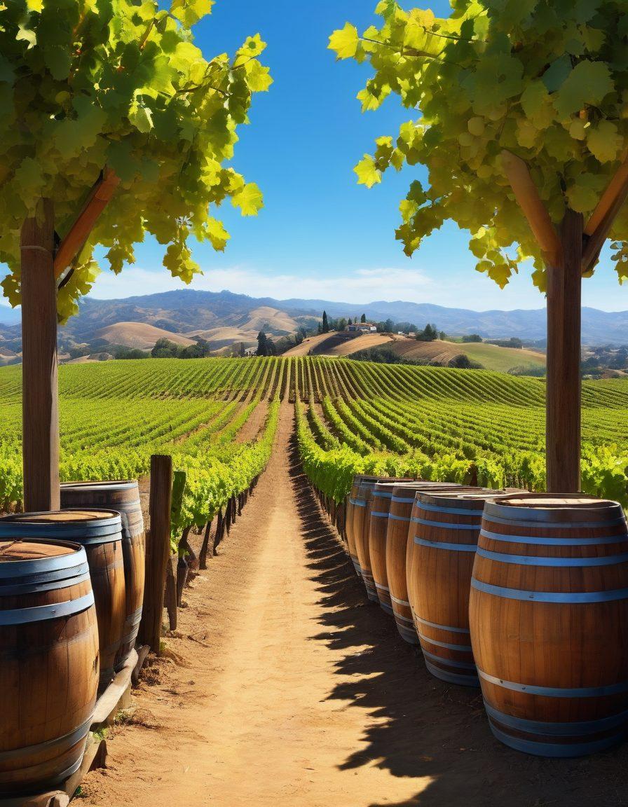 A picturesque vineyard in California with rows of grapevines under a bright blue sky, showcasing diverse grape varieties while a knowledgeable attorney reviews wine regulations among barrels of wine. Include elements of legal documents, a gavel, and wine glasses to symbolize the intersection of law and wine business. The scene should exude warmth and inviting tones of green and gold. super-realistic. vibrant colors. 3D.
